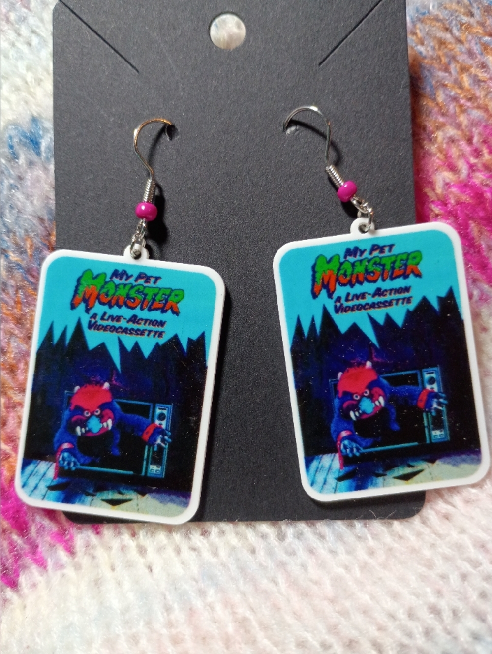 My Pet Monster VHS VCR 80s Saturday Morning Cartoons Pink Earrings Vintage Retro